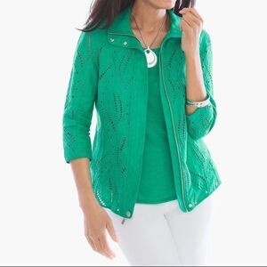 Chico's Jade Green Linen Eyelet Zip Up Jacket Size 0